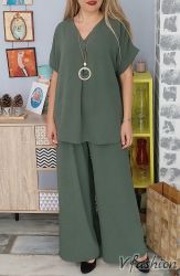 Комплект панталон и блуза с колие - зелен - 179262