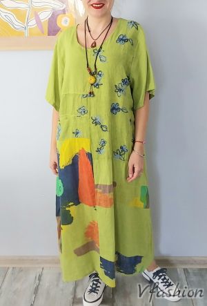 Ленена рокля пачуърк с бродерии - зелена - 179158