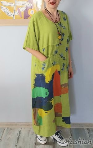 Ленена рокля пачуърк с бродерии - зелена - 179158