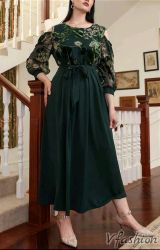 Дълга рокля с тюл и мотиви - зелена - 176897