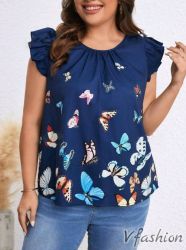 Блуза с пеперудки - синя - 179216