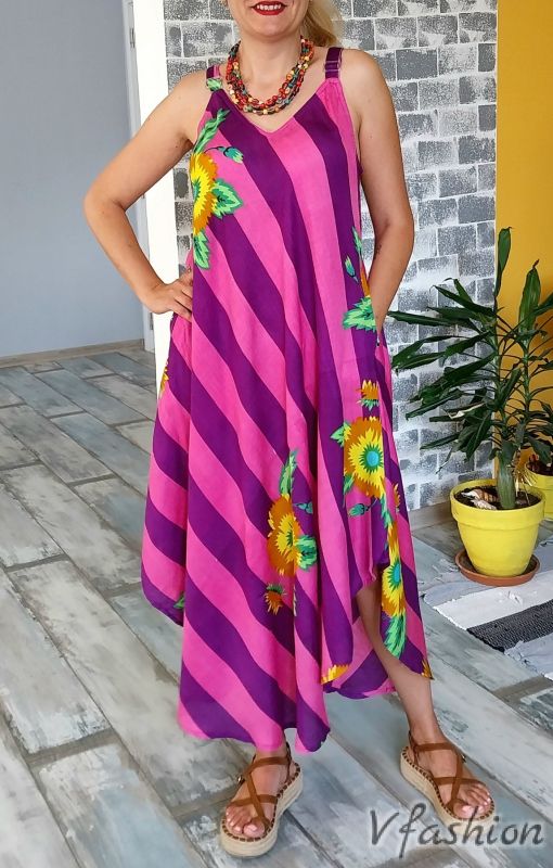 Плажна рокля на райета с джобове