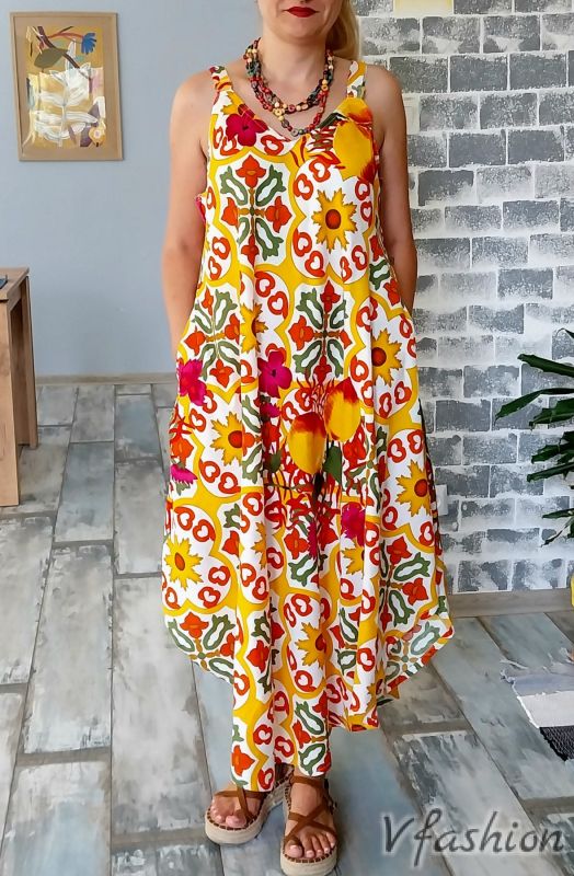Цветна плажна рокля с джобове