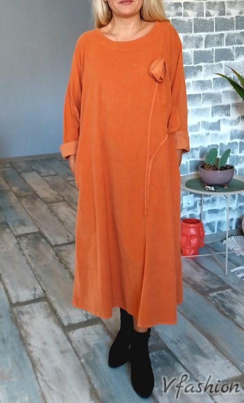 Джинсова рокля с апликация - оранжева