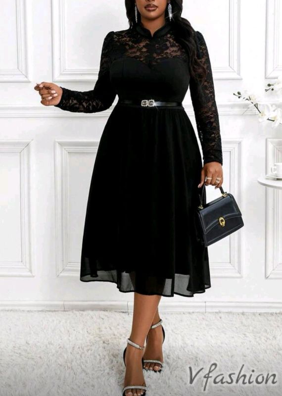 Официална рокля с дантела - черна