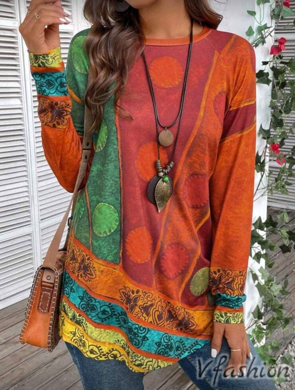 Блуза с етно принт - оранжева