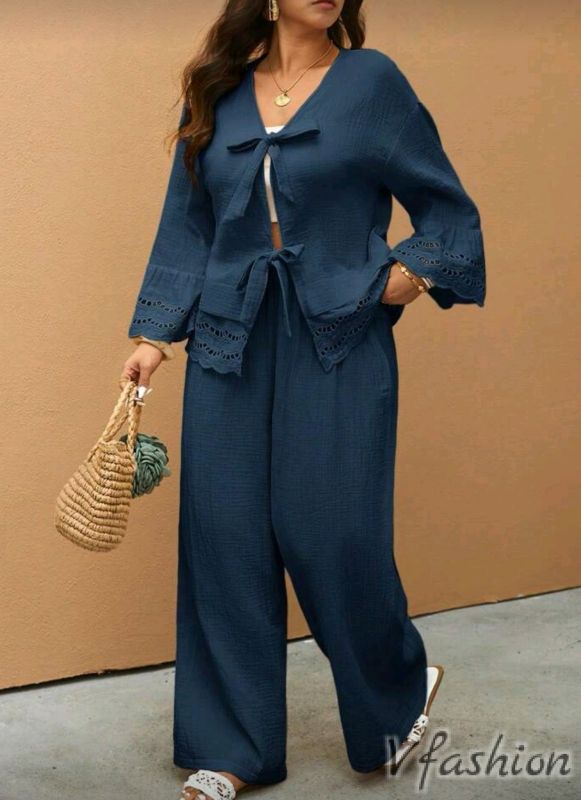 Памучен комплект - панталон и наметка с връзки