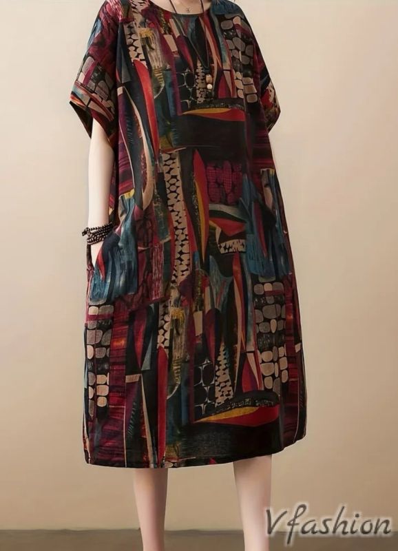 Рокля с джобове с бохо принт