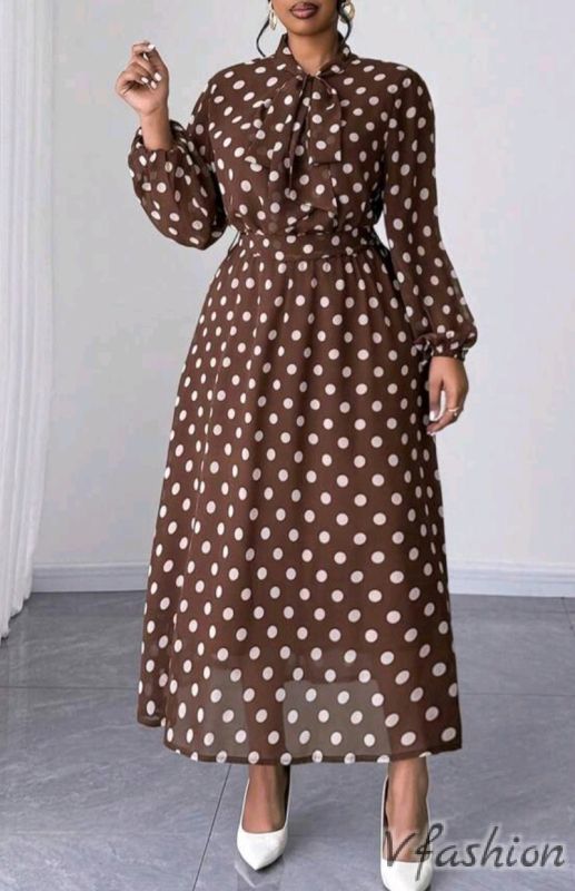 Шифонена рокля на точки - кафява