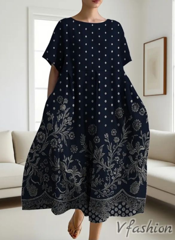 Рокля с принт и джобове - синя