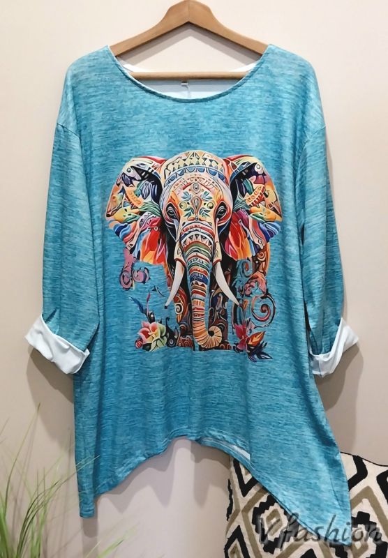 Еластична блуза с принт - синя