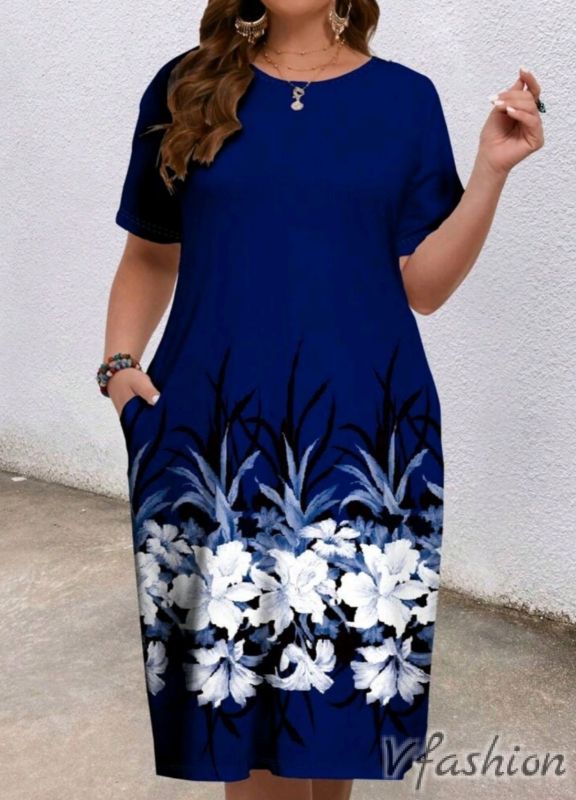 Рокля на цветя с джобове - синя