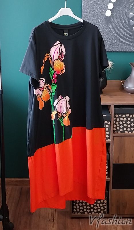 Памучна рокля с принт - черно и оранжево