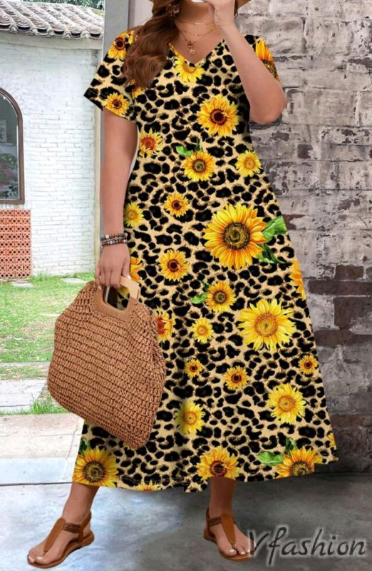 Еластична рокля с принт слънчогледи