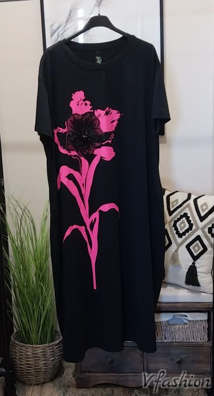 Памучна рокля с цвете от пайети