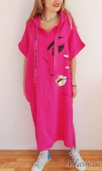 Ленена рокля с качулка - цикламена - 175886