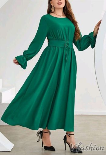 Дълга рокля с колан - зелена - 176957