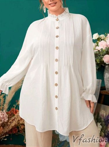 Дълга риза с дървени копчета - бяла - 177081