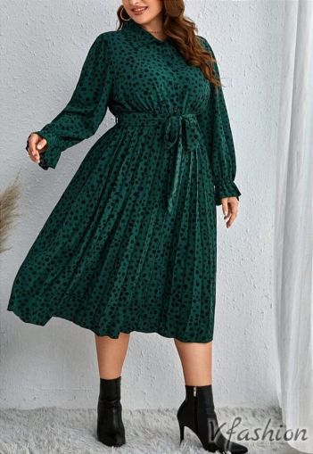 Плисирана рокля с колан - зелена - 177110