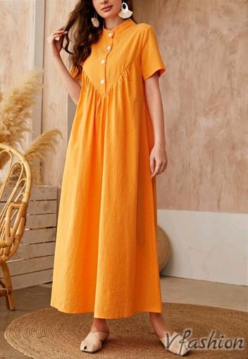 Дълга рокля с копчета - оранжева - 177362