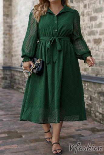 Шифонена рокля с яка - зелена - 178230