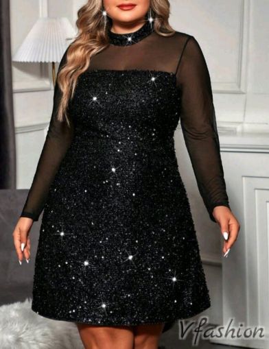 Елегантна рокля с тюл и пайети - черна - 178373