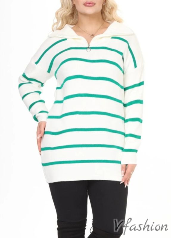 Пуловер с цип - бяло и зелено