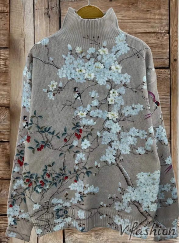 Пуловер с висока яка на цветя