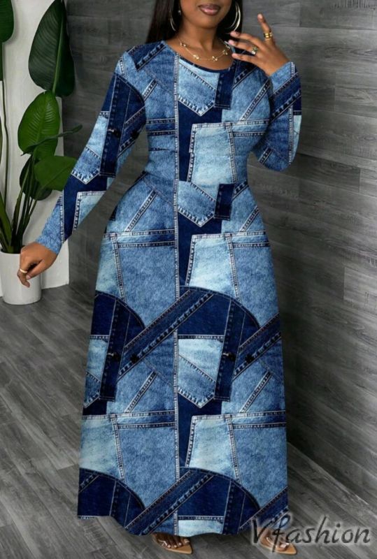 Еластична рокля с дънков принт