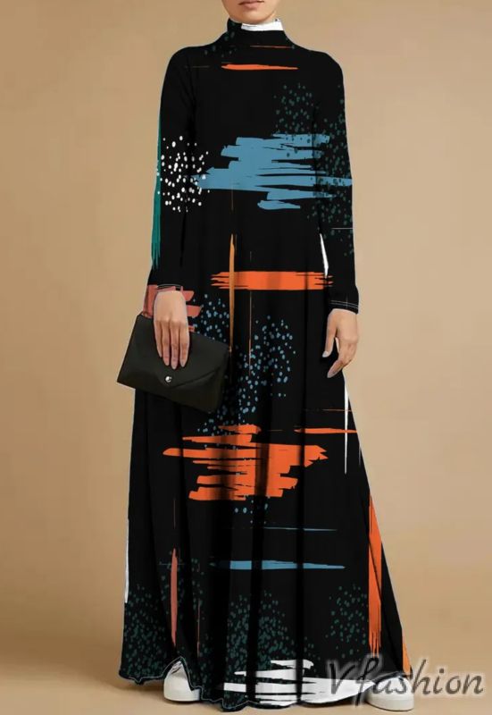 Еластична рокля с висока яка и арт принт