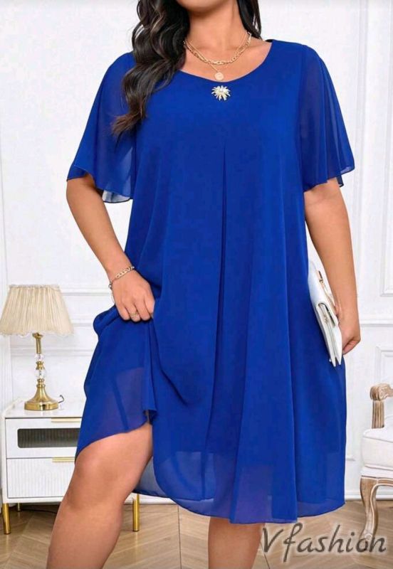 Шифонена рокля с акцент - синя