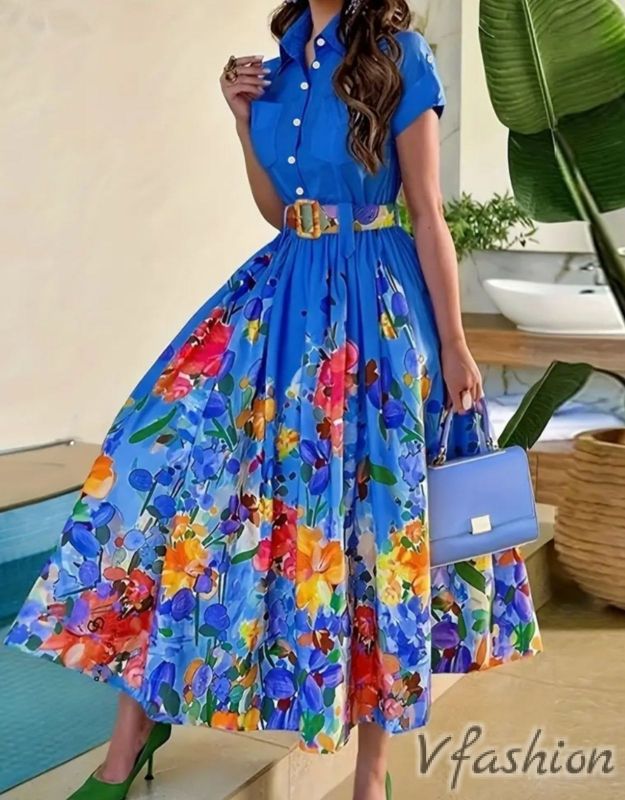 Дълга рокля на цветя - синя