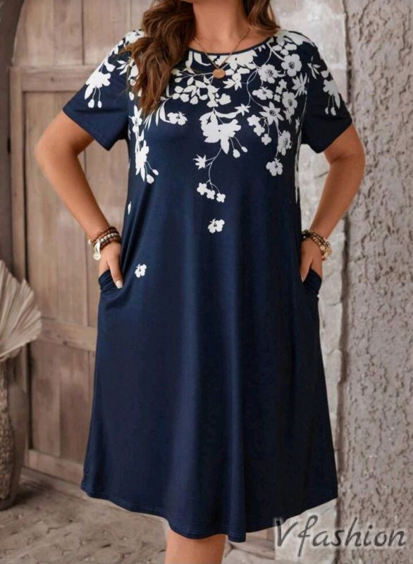 Еластична рокля с джобове - синя