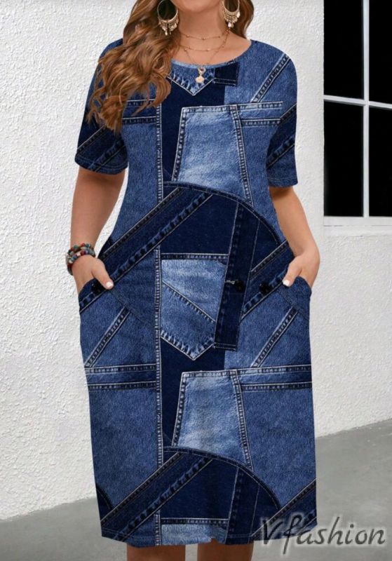 Еластична рокля с джобове - дънков принт