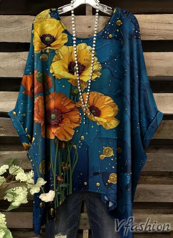 Еластична блуза на цветя - синя