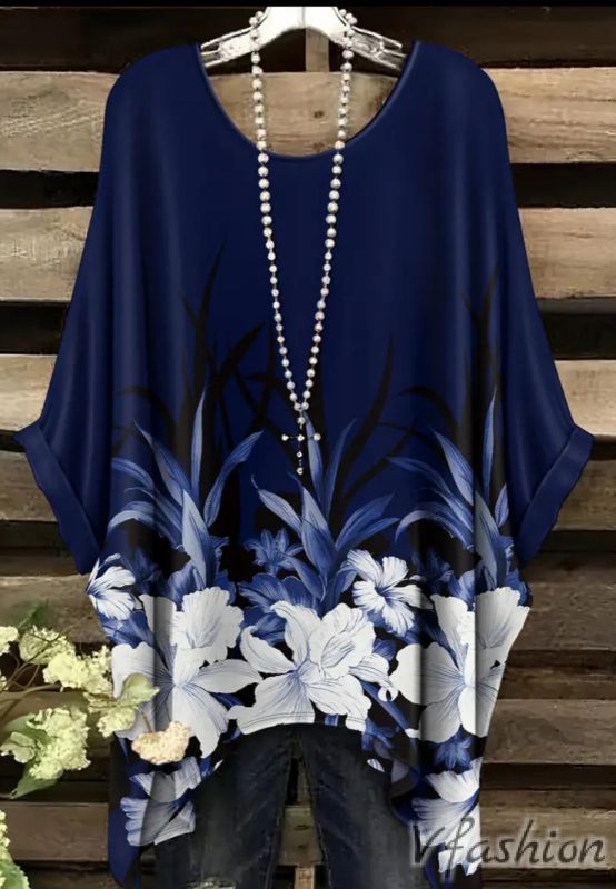 Еластична блуза с цветя - синя