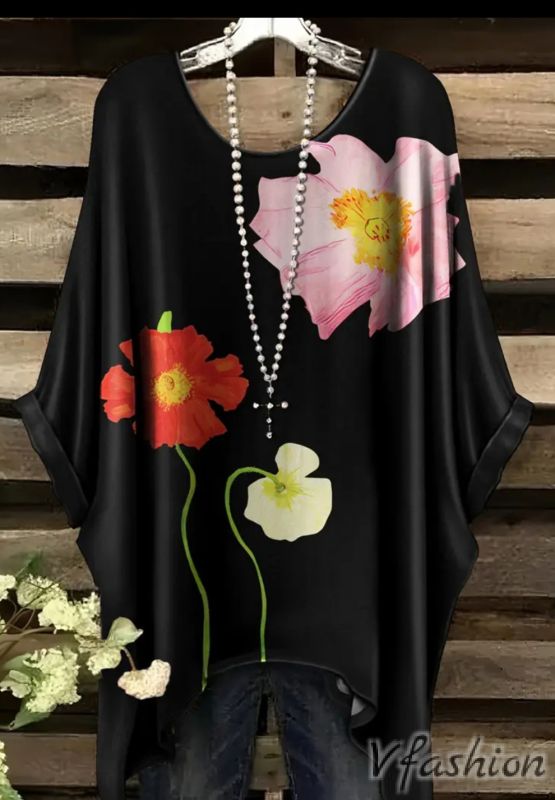 Еластична блуза на цветя - черна