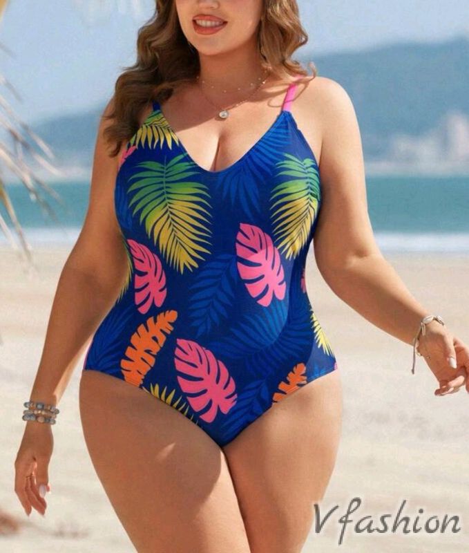 Цял бански с принт листа - син