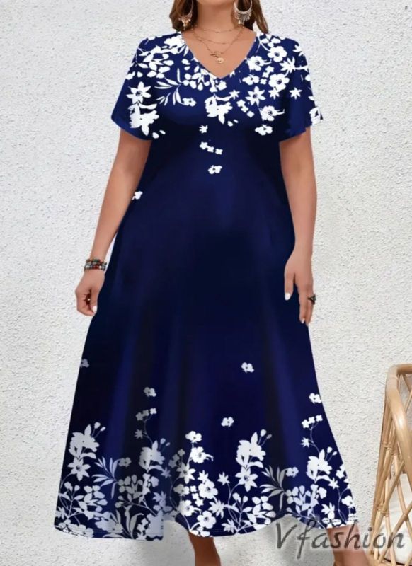 Еластична рокля с цветя - синя