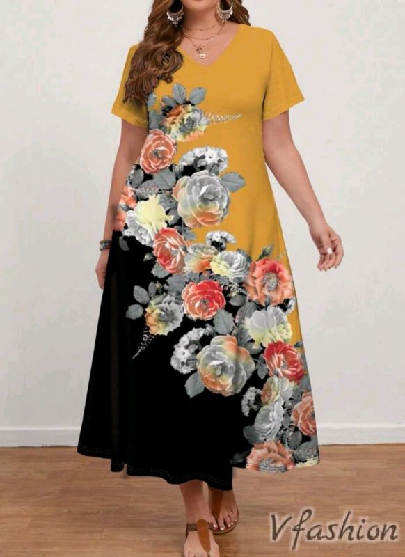 Еластична рокля на цветя - жълто и черно