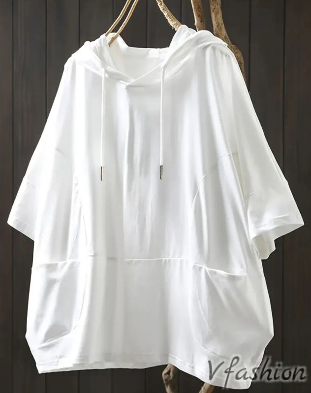 Блуза с качулка и джобове - бяла