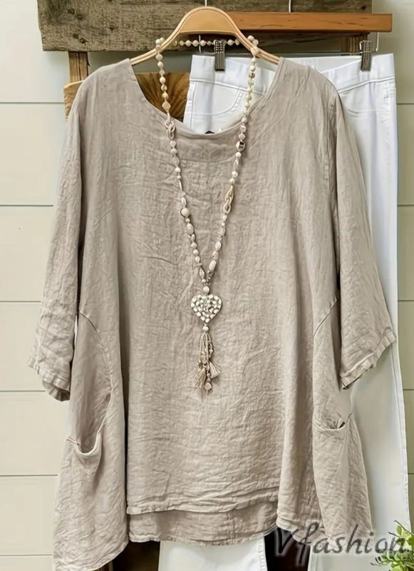 Блуза с джобове - бежова