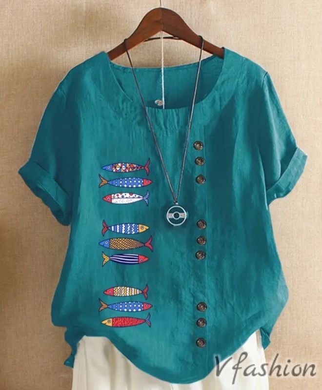 Блуза с принт риби и копчета