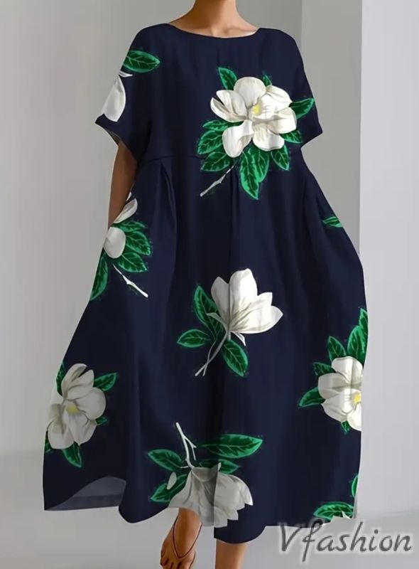 Лятна рокля с принт цветя и джобове