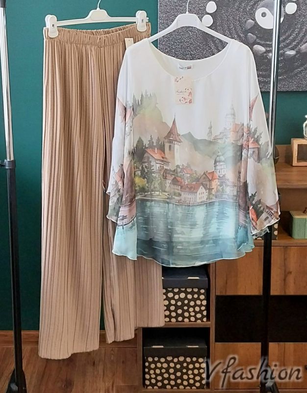 Комплект панталон солей и ефирна блуза - бежов