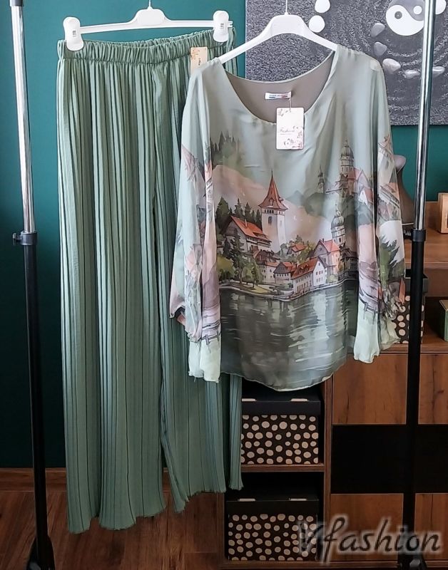 Комплект панталон солей и ефирна блуза - зелен