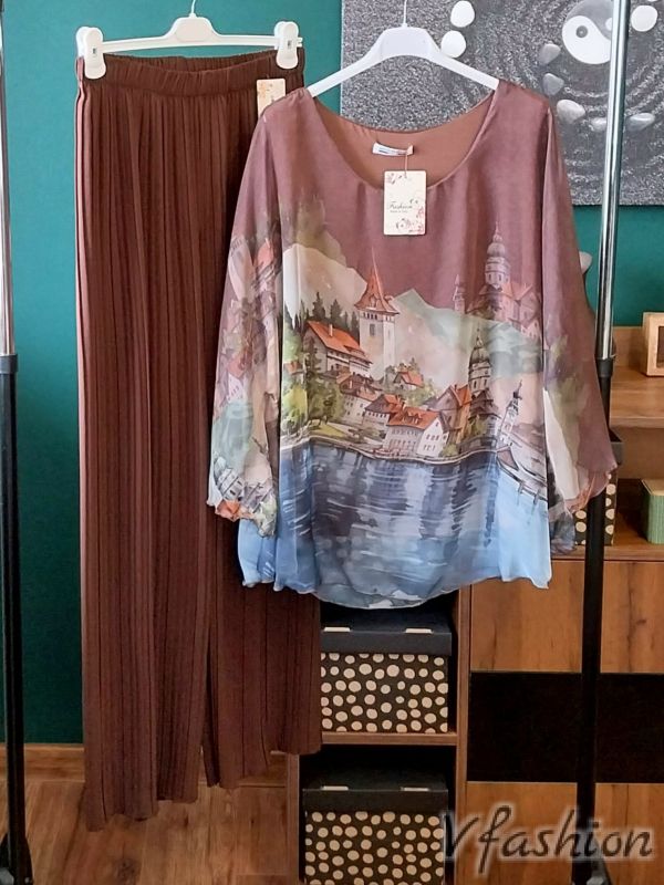 Комплект панталон солей и ефирна блуза - кафяв