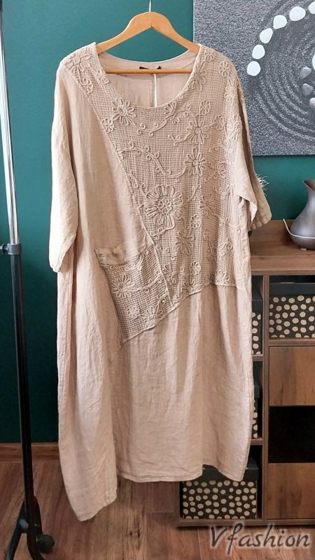 Ленена рокля с бродерии - бежова