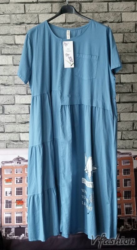 Памучна рокля с джобове - синя