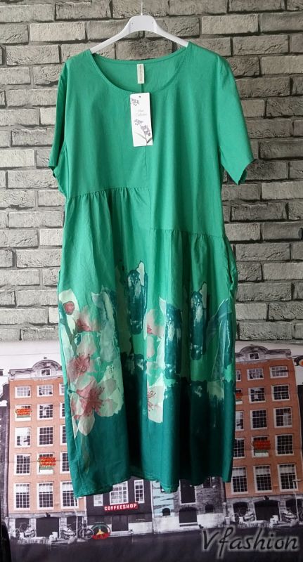 Памучна рокля с джобове - зелена